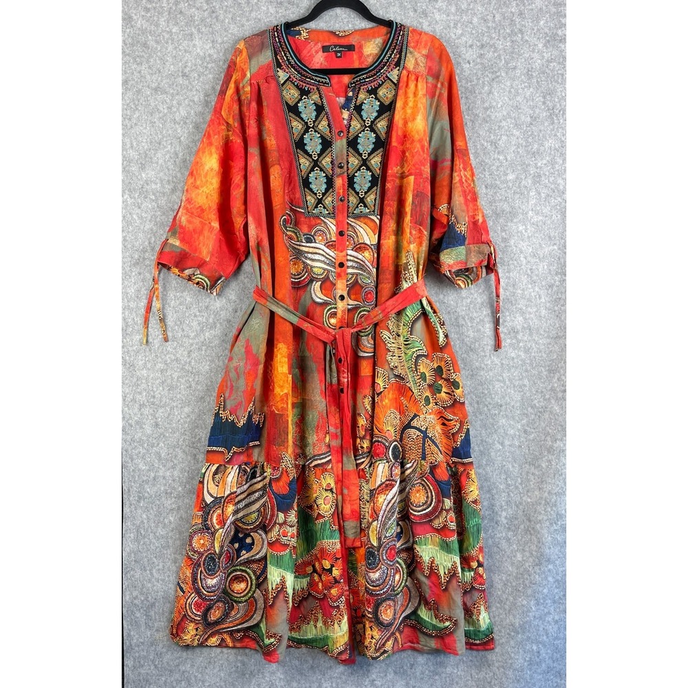 Calessa Printed Tiered Dress Womens 3X Embroidery Artsy Eclectic Maximalist Boho
